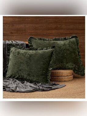 VELVET Ruffle Pillow Shams King Size 20x36” SMOKEY OLIVE